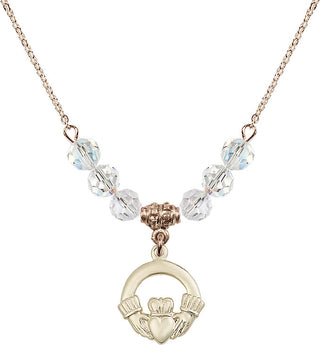 18" Hamilton Gold Plated Necklace with 4mm Crystal Beads featuring a 14kt Gold Filled Claddagh Medal.