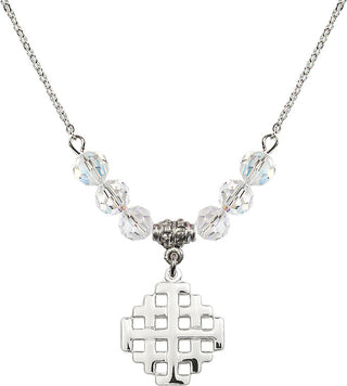 18" Rhodium Plated Necklace with 4mm Crystal Beads featuring a Sterling Silver Jerusalem Cross Medal.