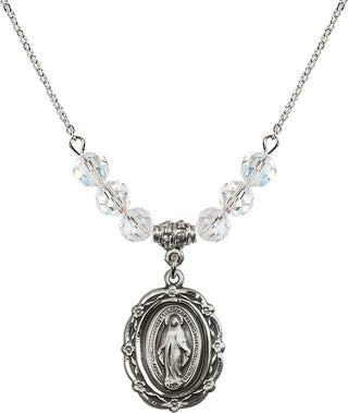 18" Rhodium Plated Necklace with 4mm Crystal Beads featuring a Sterling Silver Miraculous Medal.