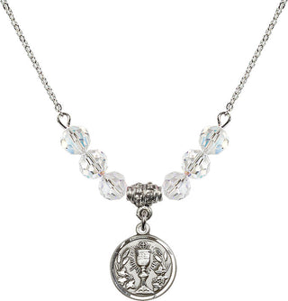 18" Rhodium Plated Necklace with 4mm Crystal Beads featuring a Sterling Silver Communion Chalice Medal.