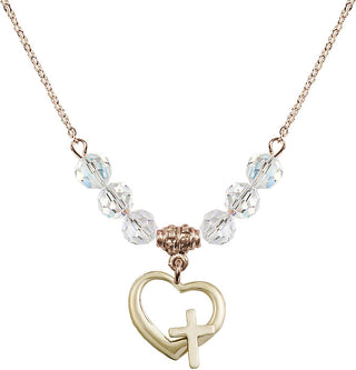 18" Hamilton Gold Plated Necklace with 4mm Crystal Beads featuring a 14kt Gold Filled Heart / Cross Medal.