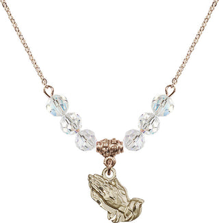 18" Hamilton Gold Plated Necklace with 4mm Crystal Beads featuring a 14kt Gold Filled Praying Hands Medal.