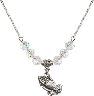 18" Rhodium Plated Necklace with 4mm Crystal Beads featuring a Sterling Silver Praying Hands Medal.