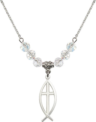 18" Rhodium Plated Necklace with 4mm Crystal Beads featuring a Sterling Silver Fish / Cross Medal.