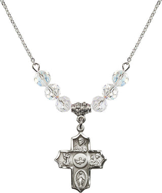 18" Rhodium Plated Necklace with 4mm Crystal Beads featuring a Sterling Silver 5-Way Medal.