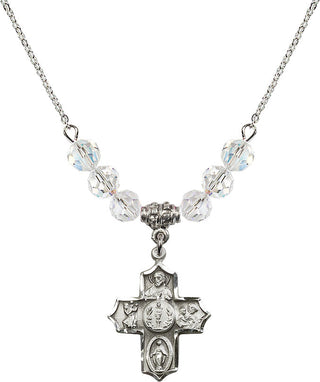 18" Rhodium Plated Necklace with 4mm Crystal Beads featuring a Sterling Silver 4-Way Medal.