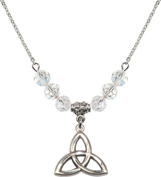 18" Rhodium Plated Necklace with 4mm Crystal Beads featuring a Sterling Silver Trinity Irish Knot Medal.