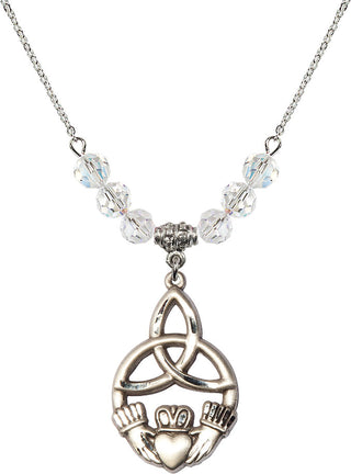 18" Rhodium Plated Necklace with 4mm Crystal Beads featuring a Sterling Silver Irish Knot / Claddagh Medal.