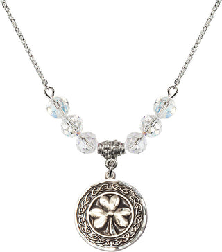 18" Rhodium Plated Necklace with 4mm Crystal Beads featuring a Sterling Silver Shamrock with Celtic Border Medal.