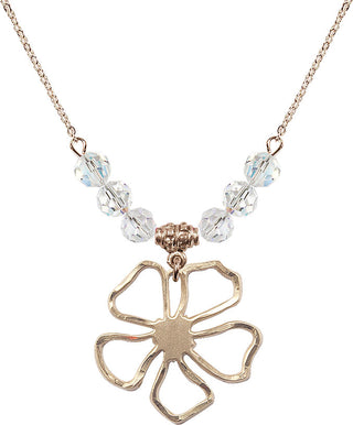18" Hamilton Gold Plated Necklace with 4mm Crystal Beads featuring a 14kt Gold Filled Five Pedal Flower Medal.