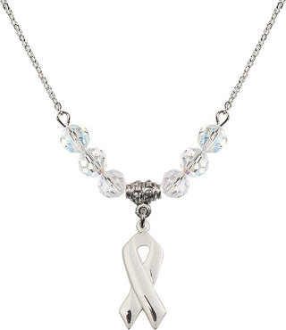 18" Rhodium Plated Necklace with 4mm Crystal Beads featuring a Sterling Silver Cancer Awareness Medal.