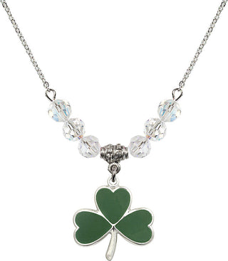 18" Rhodium Plated Necklace with 4mm Crystal Beads featuring a Sterling Silver Shamrock Medal.