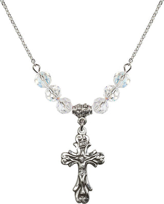 18" Rhodium Plated Necklace with 4mm Crystal Beads featuring a Sterling Silver Crucifix Medal.
