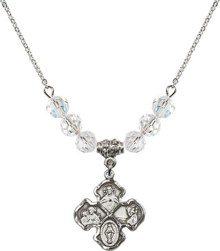 18" Rhodium Plated Necklace with 4mm Crystal Beads featuring a Sterling Silver 4-Way Medal.