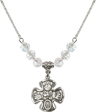 18" Rhodium Plated Necklace with 4mm Crystal Beads featuring a Sterling Silver 5-Way Medal.