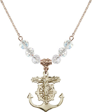 18" Hamilton Gold Plated Necklace with 4mm Crystal Beads featuring a 14kt Gold Filled Anchor Crucifix Medal.
