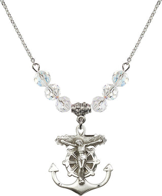 18" Rhodium Plated Necklace with 4mm Crystal Beads featuring a Sterling Silver Anchor Crucifix Medal.
