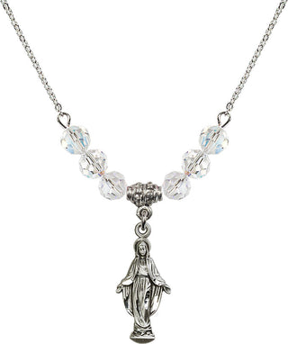 18" Rhodium Plated Necklace with 4mm Crystal Beads featuring a Sterling Silver Miraculous Medal.