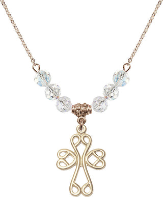 18" Hamilton Gold Plated Necklace with 4mm Crystal Beads featuring a 14kt Gold Filled Scroll Cross Medal.