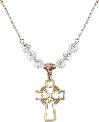 18" Hamilton Gold Plated Necklace with 4mm Crystal Beads featuring a 14kt Gold Filled Shamrock Cross Medal.