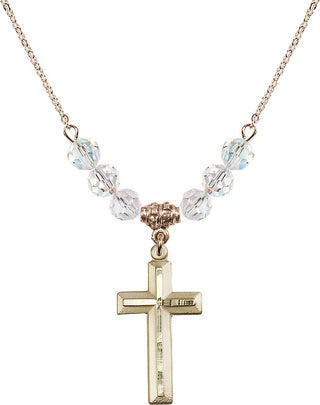 18" Hamilton Gold Plated Necklace with 4mm Crystal Beads featuring a 14kt Gold Filled Cross Medal. Engraved Catholic Saint Jewelry