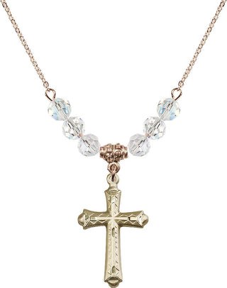 18" Hamilton Gold Plated Necklace with 4mm Crystal Beads featuring a 14kt Gold Filled Cross Medal. Engraved Catholic Saint Jewelry