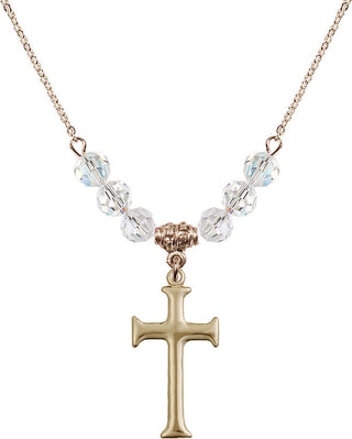 18" Hamilton Gold Plated Necklace with 4mm Crystal Beads featuring a 14kt Gold Filled Cross Medal. Engraved Catholic Saint Jewelry