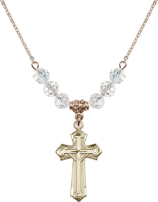 18" Hamilton Gold Plated Necklace with 4mm Crystal Beads featuring a 14kt Gold Filled Cross Medal. Engraved Catholic Saint Jewelry