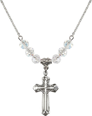 18" Rhodium Plated Necklace with 4mm Crystal Beads featuring a Sterling Silver Cross Medal. Engraved Catholic Saint Jewelry