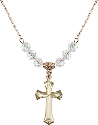 18" Hamilton Gold Plated Necklace with 4mm Crystal Beads featuring a 14kt Gold Filled Cross Medal. Engraved Catholic Saint Jewelry