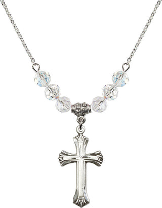 18" Rhodium Plated Necklace with 4mm Crystal Beads featuring a Sterling Silver Cross Medal. Engraved Catholic Saint Jewelry