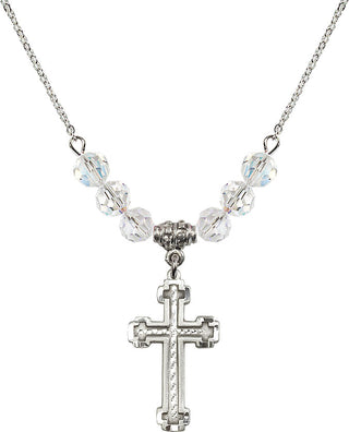 18" Rhodium Plated Necklace with 4mm Crystal Beads featuring a Sterling Silver Cross Medal.