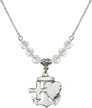 18" Rhodium Plated Necklace with 4mm Crystal Beads featuring a Sterling Silver Faith, Hope & Charity Medal.