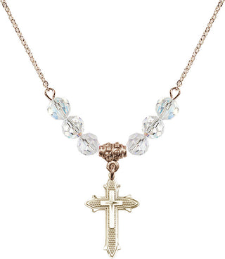 18" Hamilton Gold Plated Necklace with 4mm Crystal Beads featuring a 14kt Gold Filled Cross on Cross Medal. Engraved Catholic Saint Jewelry