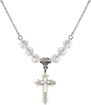 18" Rhodium Plated Necklace with 4mm Crystal Beads featuring a Sterling Silver Cross on Cross Medal. Engraved Catholic Saint Jewelry