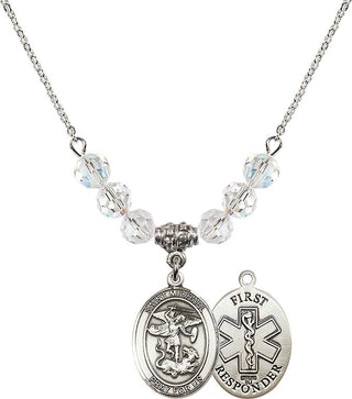 18" Rhodium Plated Necklace with 4mm Crystal Beads featuring a Sterling Silver Saint Michael/1St Responder Medal.