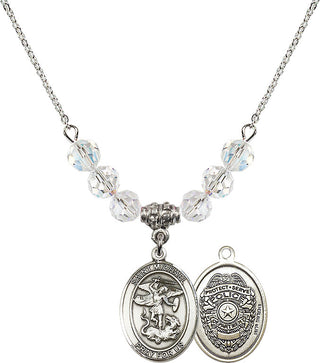 18" Rhodium Plated Necklace with 4mm Crystal Beads featuring a Sterling Silver Saint Michael the Archangel Medal.