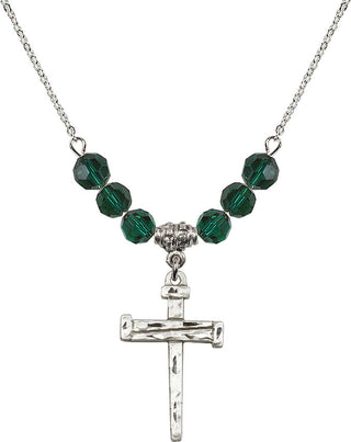 18" Rhodium Plated Necklace with 4mm Emerald Crystal Beads featuring a Sterling Silver Nail Cross Medal.