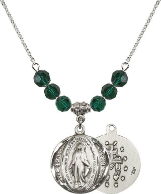 18" Rhodium Plated Necklace with 4mm Emerald Crystal Beads featuring a Sterling Silver Miraculous Medal.