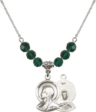 18" Rhodium Plated Necklace with 4mm Emerald Crystal Beads featuring a Sterling Silver Madonna Medal.