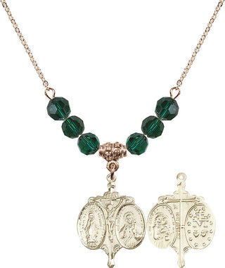 18" Hamilton Gold Plated Necklace with 4mm Emerald Crystal Beads featuring a 14kt Gold Filled Novena Medal.