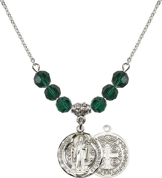 18" Rhodium Plated Necklace with 4mm Emerald Crystal Beads featuring a Sterling Silver Saint Benedict Medal.
