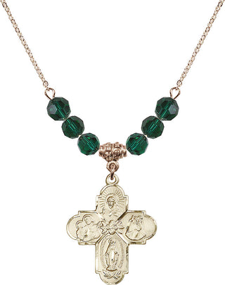 18" Hamilton Gold Plated Necklace with 4mm Emerald Crystal Beads featuring a 14kt Gold Filled 4-Way Medal.