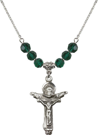 18" Rhodium Plated Necklace with 4mm Emerald Crystal Beads featuring a Sterling Silver Trinity Crucifix Medal.
