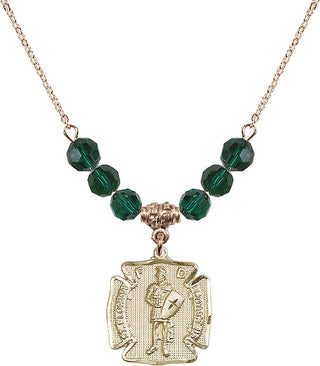 18" Hamilton Gold Plated Necklace with 4mm Emerald Crystal Beads featuring a 14kt Gold Filled Saint Florian Medal. Engraved Catholic Saint Jewelry