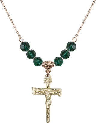 18" Hamilton Gold Plated Necklace with 4mm Emerald Crystal Beads featuring a 14kt Gold Filled Nail Crucifix Medal.
