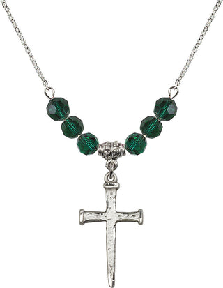 18" Rhodium Plated Necklace with 4mm Emerald Crystal Beads featuring a Sterling Silver Nail Cross Medal.