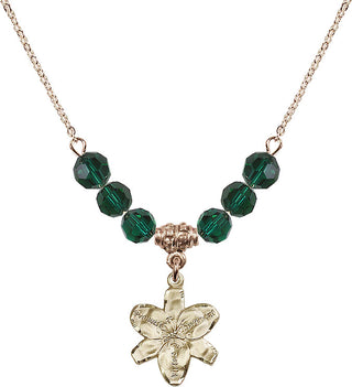 18" Hamilton Gold Plated Necklace with 4mm Emerald Crystal Beads featuring a 14kt Gold Filled Chastity Medal.