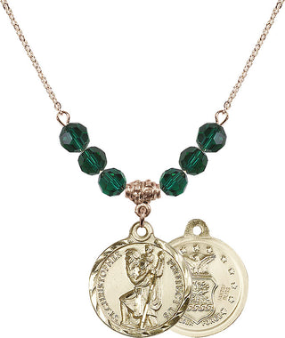 18" Hamilton Gold Plated Necklace with 4mm Emerald Crystal Beads featuring a 14kt Gold Filled Saint Christopher / Air Force Medal.