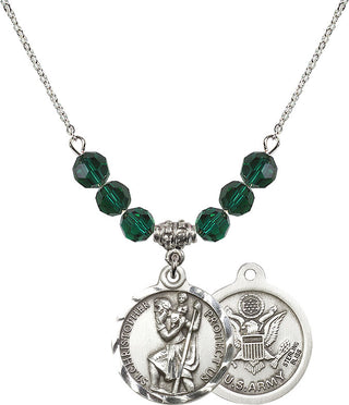 18" Rhodium Plated Necklace with 4mm Emerald Crystal Beads featuring a Sterling Silver Saint Christopher / Army Medal.